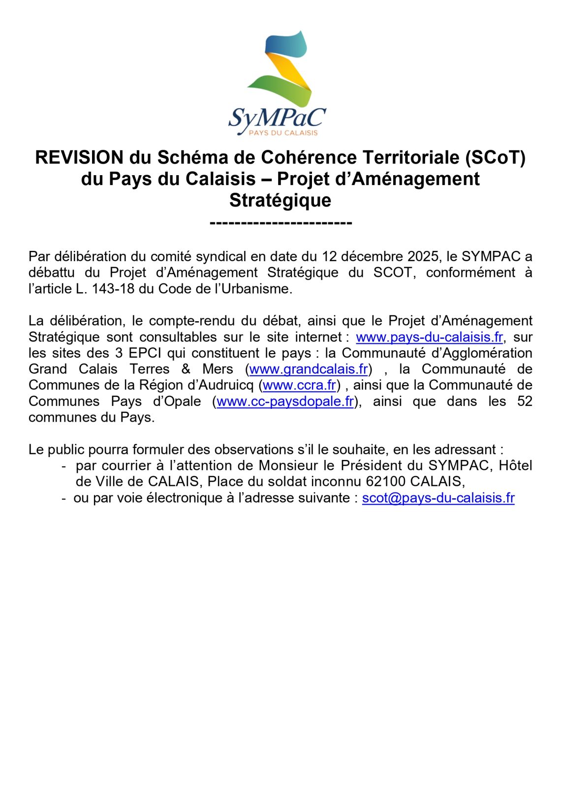 Les Attaques - Révision du Schéma de Cohérence territoriale (SCoT) du Pays du Calaisis - Projet Aménagement Stratégique